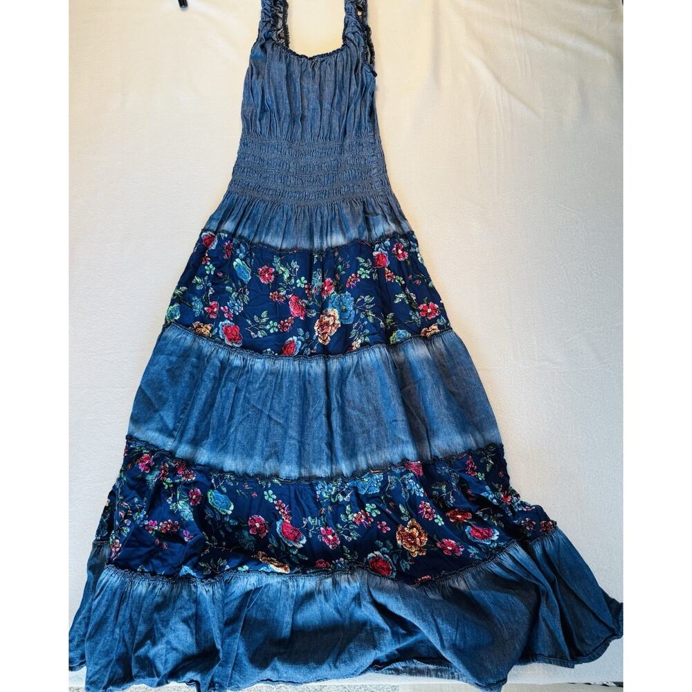 Lapis Anthropologie Women Sz S Western Cowgirl Chambray Denim Maxi Dress Smocked - Picture 3 of 9